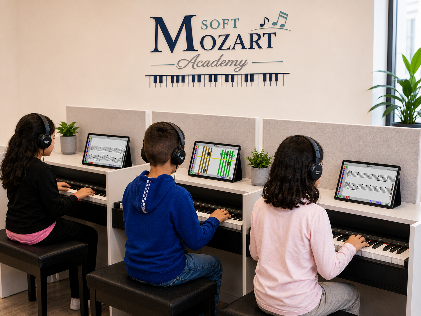 The Mozart Lab piano lab with students using the actual software